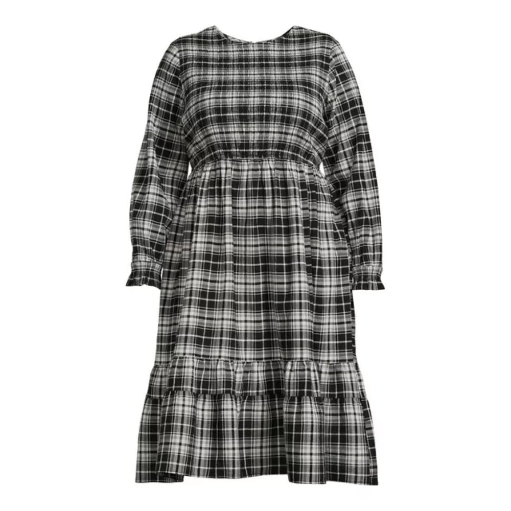Terra & Sky Women's Plus Size 1X, 3X, 4X Tiered Peasant Midi Dress Plaid Black - Picture 5 of 9